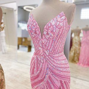 BNWT Ashley Lauren 11236 Long Fitted V Neck Slit Beaded Sequin gown